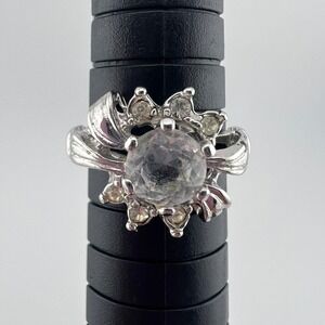 Vintage Silver Tone Clear Stone Cocktail Costume Ring Size 5.5 Floral Statement